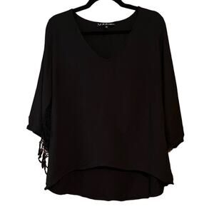 For Love & Lemon Women's High Low Fringe Blouse V-Neck 3/4 Sleeve Black Size S
